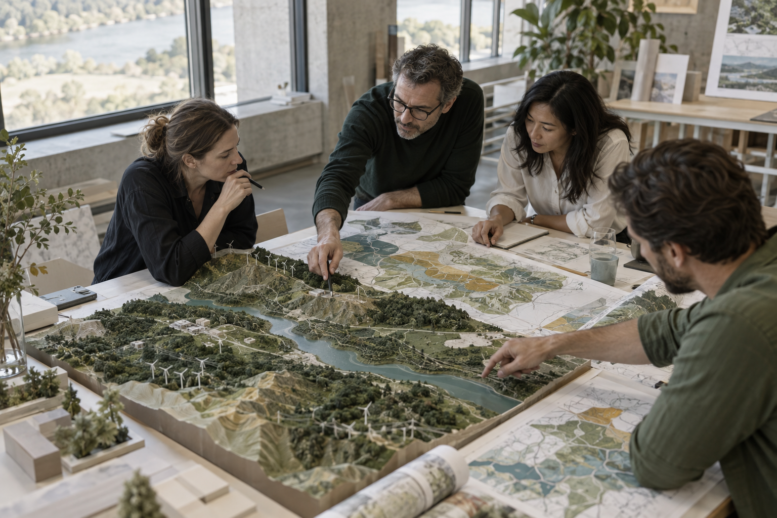 Interdisciplinary project team reviewing territorial models and development plans