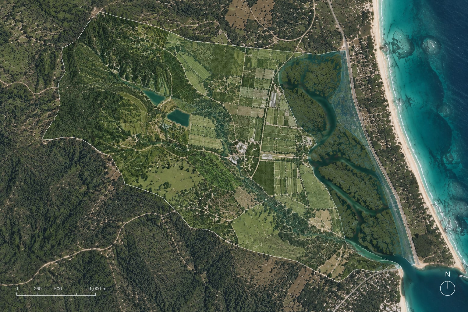 Productive landscape plan integrating agriculture, vegetation, wetlands and land access
