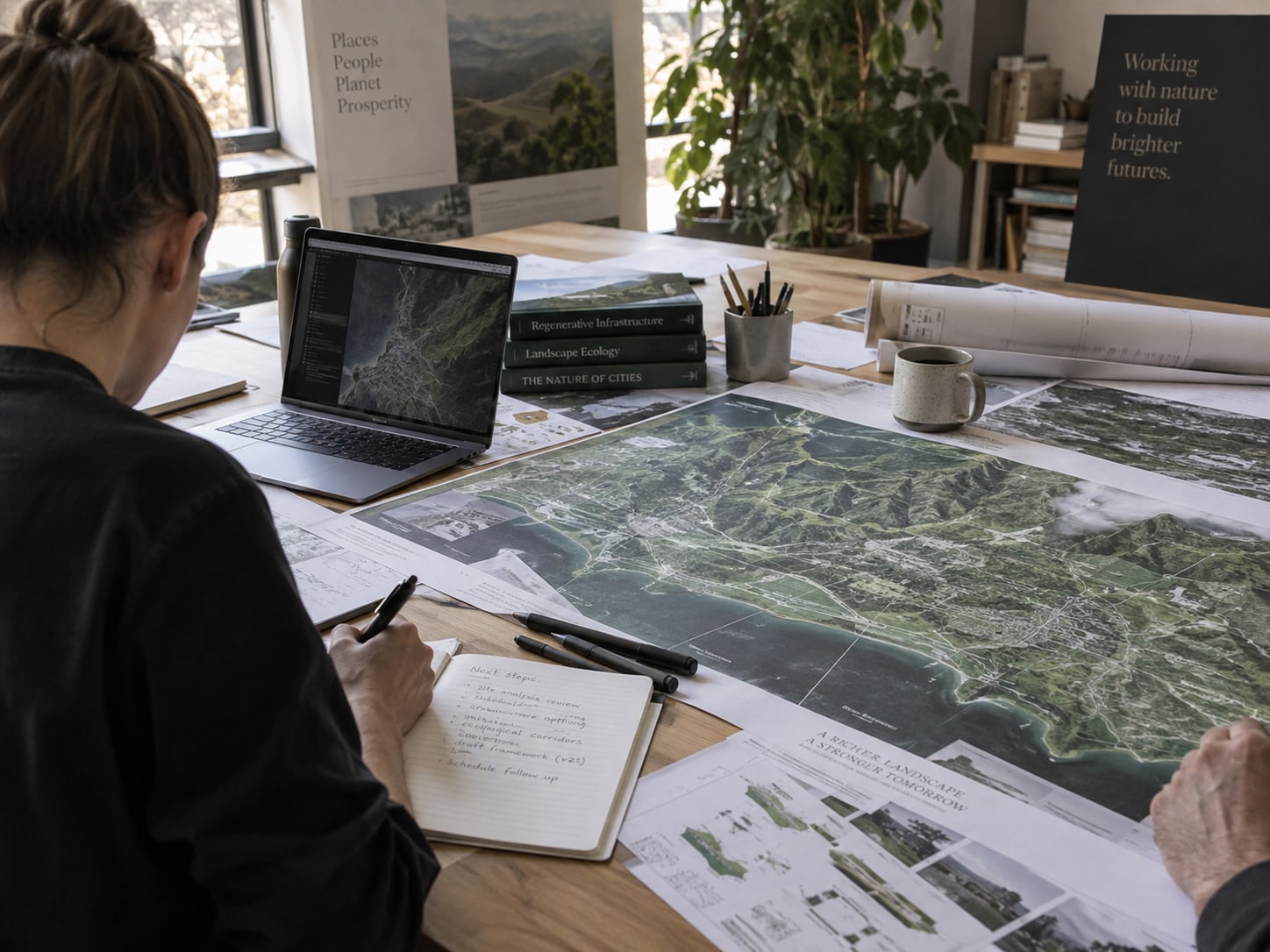 Planning workspace with maps, satellite imagery, project drawings and research materials