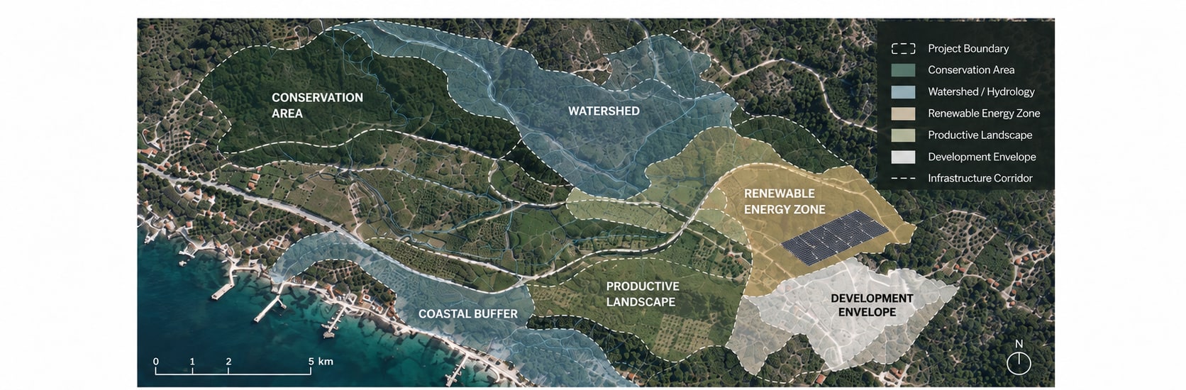 Satellite-style territorial analysis integrating conservation, water, productive land, development and renewable energy