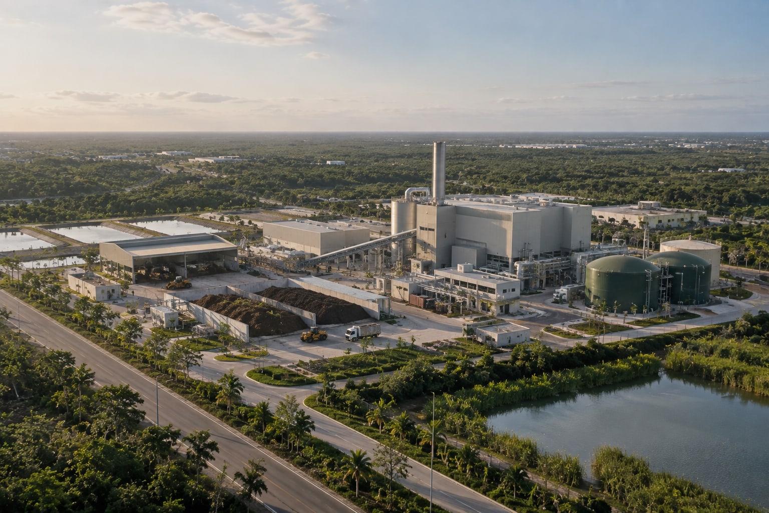 Modern waste-to-resource and circular infrastructure facility within a landscaped industrial site
