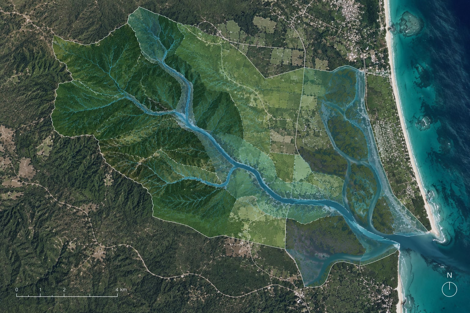 Watershed and ecological network mapped across a coastal landscape